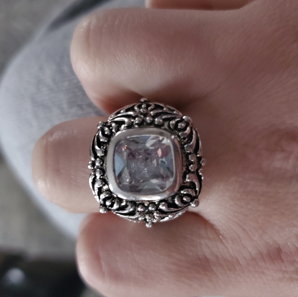 Vintage Chunky Etched Silver CZ Ring Sz 6.75